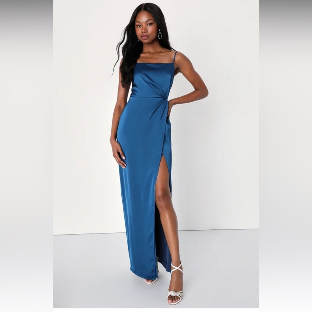 Lulus Destiny Awaits Navy Blue Satin Faux-Wrap Maxi Dress